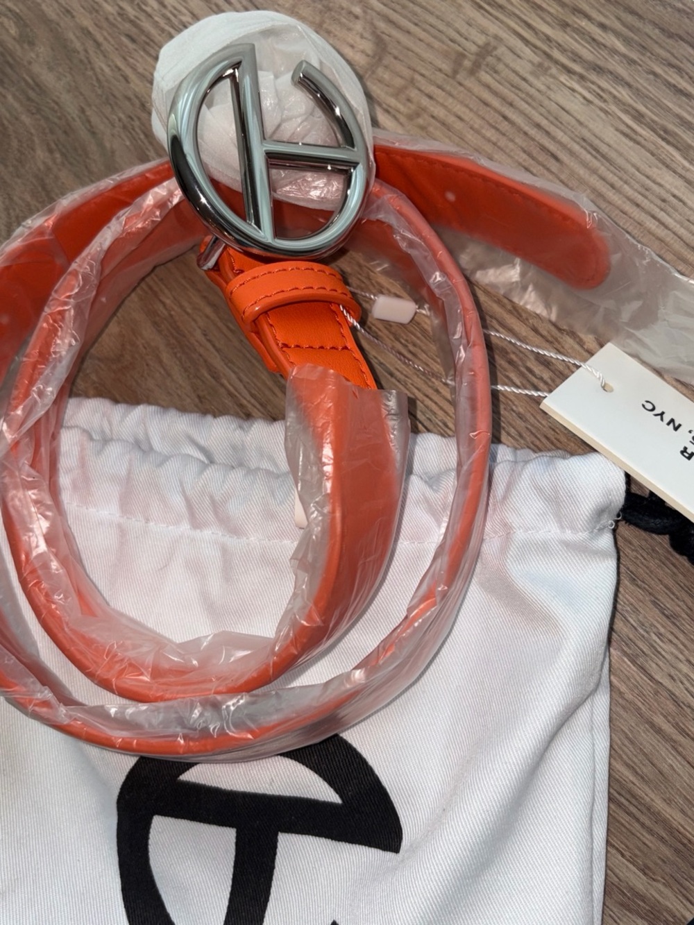 Telfar Bright Orange Leather Belt with Silver Logo Buckle